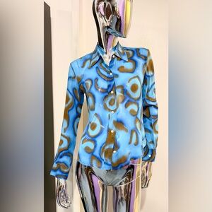 DKNY - Blue + Chestnut Brown Bloopy Patterned Button Down Semi-sheer Silk Shirt